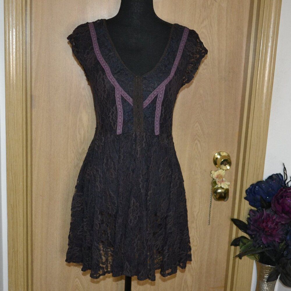 KIMCHI BLUE All Over Lace Brown & Black Sheer Mini Dark Fairy Romantic Dress